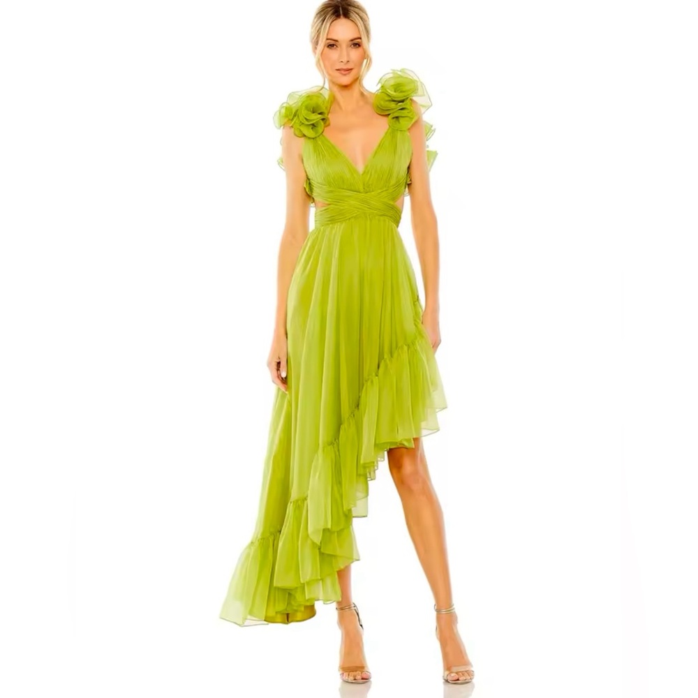 Mac Dugga Green Ruffle shoulder cut out asymmetric dress with open back, S $398